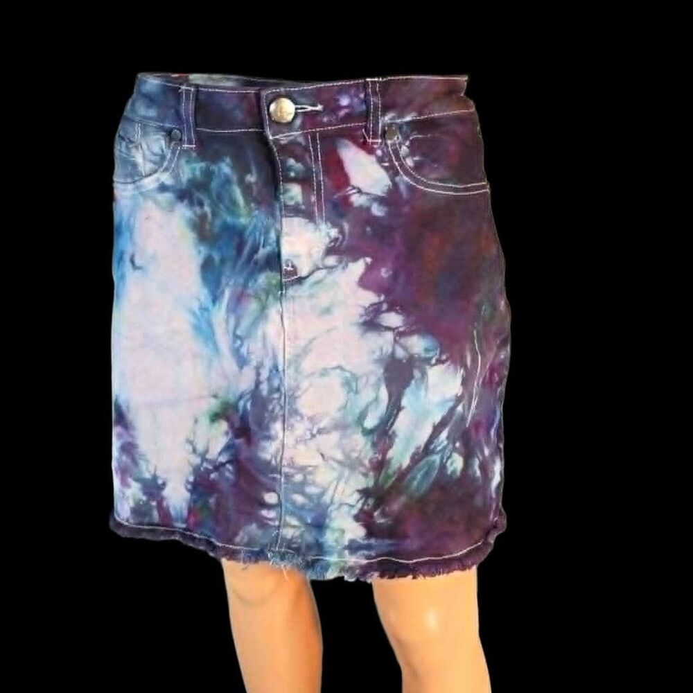 Custom Ice Dyed Denim Mini Skirt 1822 Denim Size 19 | Galaxy Purple Blue Tie Dye